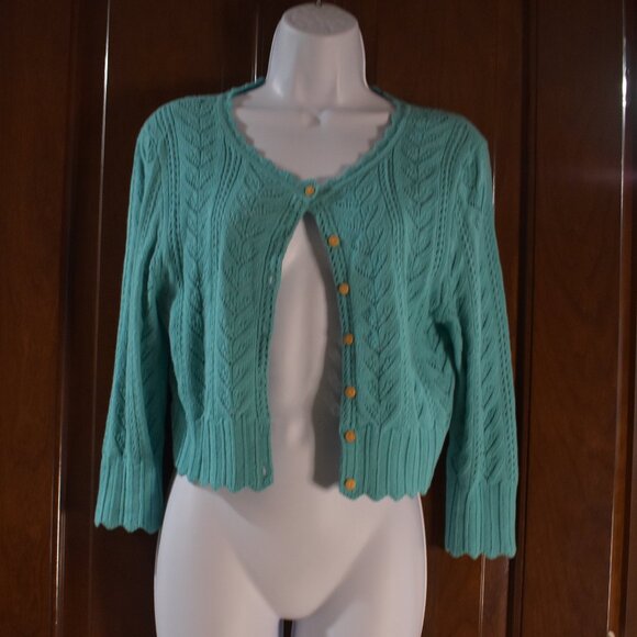 Express Teal Cropped Cotton Knit Cardigan Sweater Size Large - Picture 7 of 15